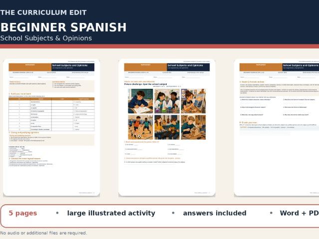 Spanish School Subjects and Opinions Illustrated Worksheet | Beginner A1–A2 | Answers Included