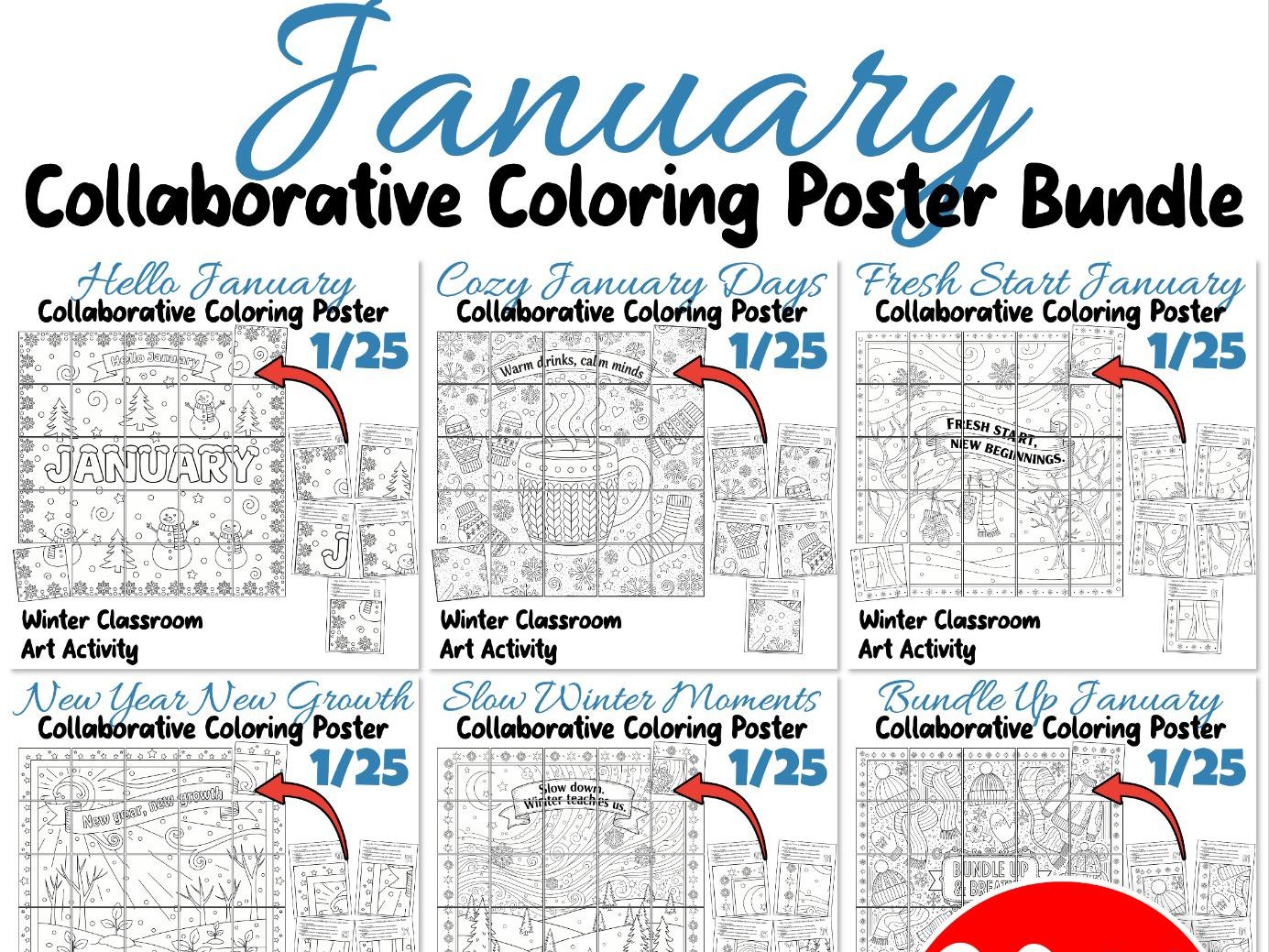 January Collaborative Coloring Poster Bundle | Winter Classroom Art Activities