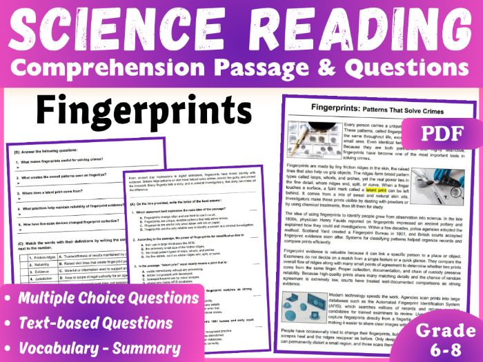Science Reading Comprehension Passage: Fingerprints (4 formats)