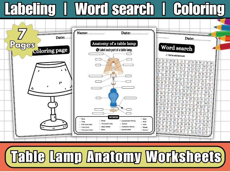 Table Lamp Anatomy | Labeling Diagram | Word Search | Coloring,Worksheets-Science & DT Activity