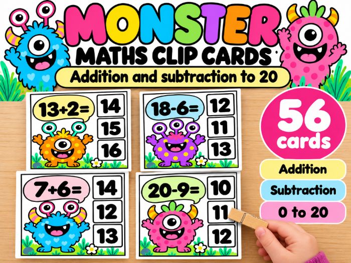 Monster Maths Clip Cards | Addition and Subtraction Within 20 | 56 Peg Cards