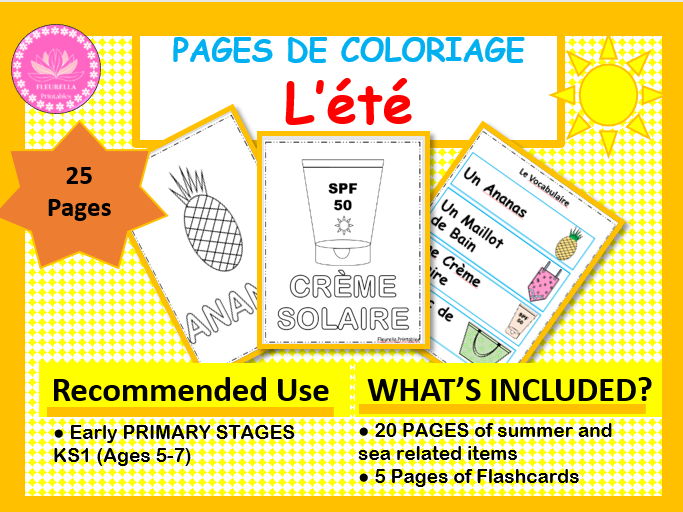 French Summer Coloring Pages for KS1 | PDF 20 Printable Pages+ 4 Pages of Flashcards