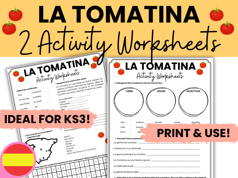 Spanish La Tomatina Easy Activity Worksheets (x2!) with answers