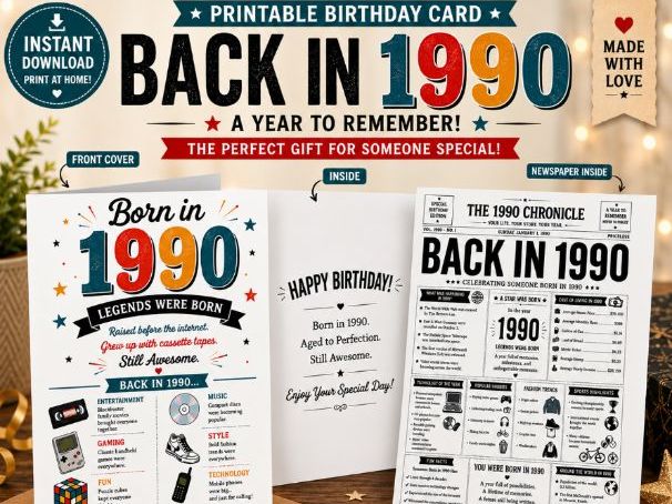 Back in 1990 Birthday Newspaper Printable | Born in 1990 | 35th Birthday Card & Keepsake