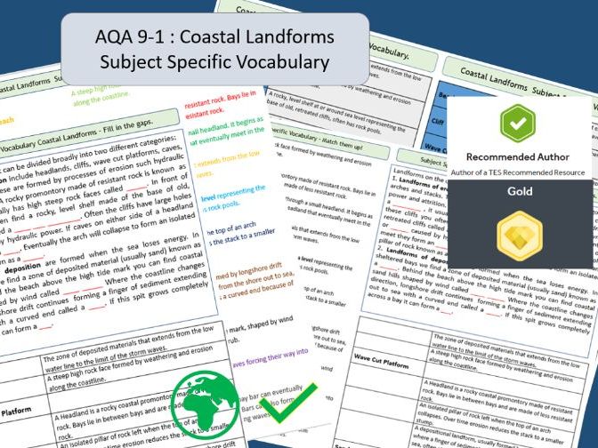 AQA 9-1 GCSE Geography - Coastal Landscapes - Landforms. Vocabulary Revision Activity Sheets.