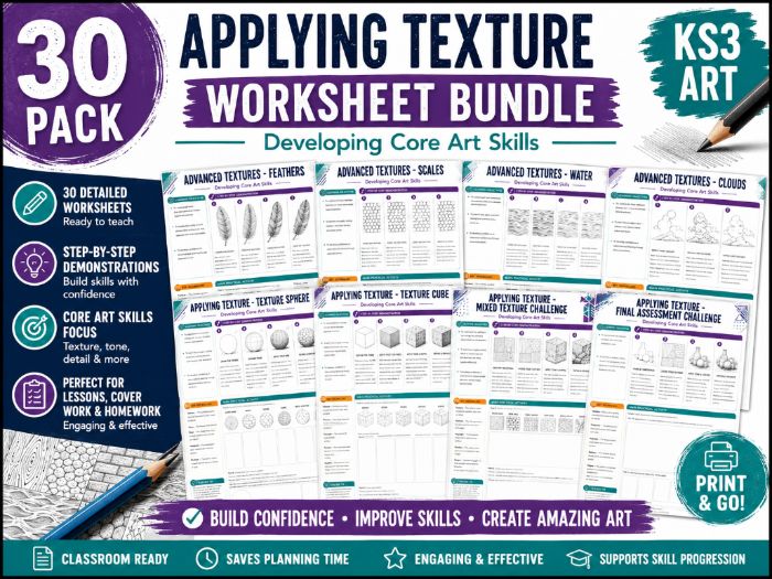 KS3 Art Texture Worksheets | 30 Printable Texture Drawing Activities | Observational Drawing, Mark M