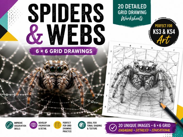 Spiders & Webs Grid Drawing Worksheets – 20 Detailed 6×6 Art Activities | KS3 & KS4
