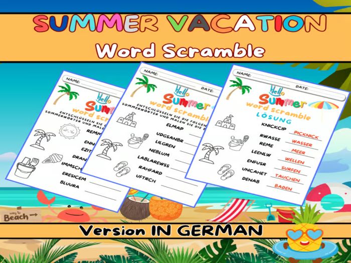 Summer Activities: Summer Vacation Word Scramble Worksheet Activity in German