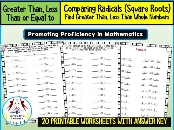 Greater Than, Less Than with Radicals or Square Roots Find the Whole Numbers Worksheets Practice Act