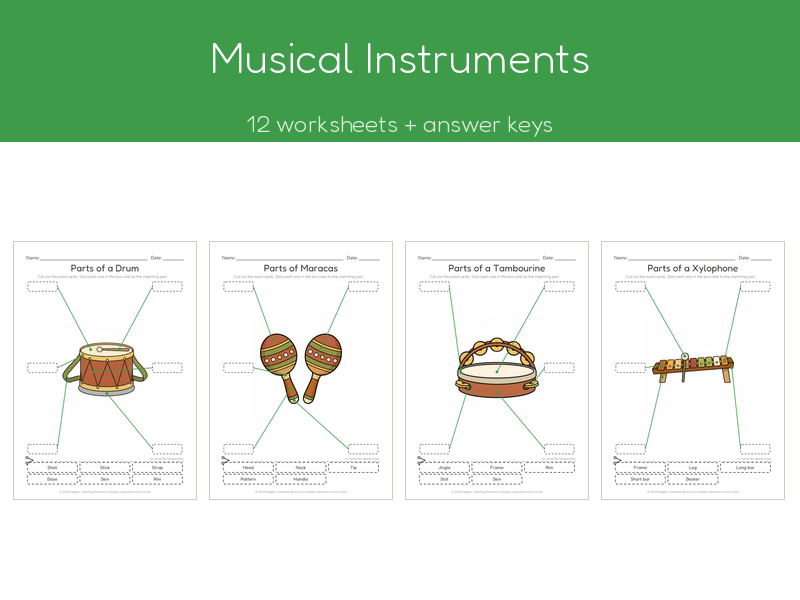 Musical Instruments | Label the Parts Worksheets | 12 Sheets + Answers