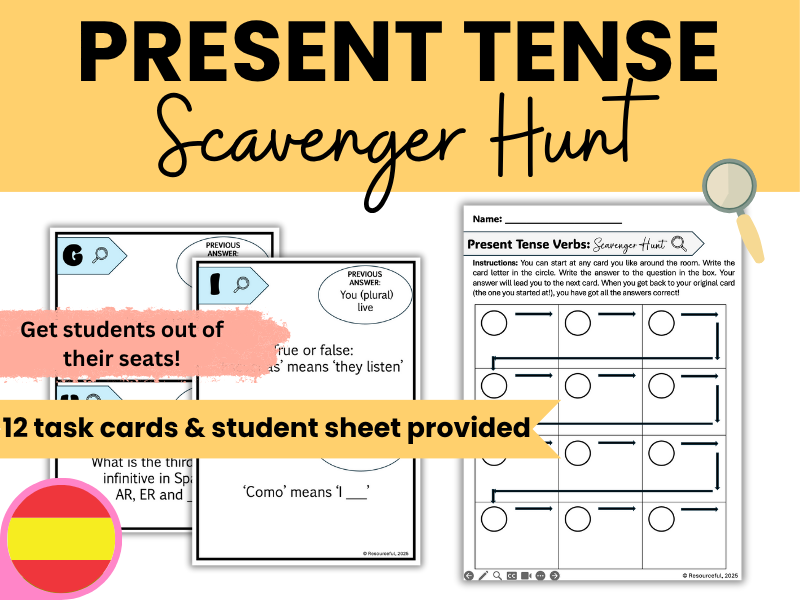 Spanish Present Tense Regular Verbs Scavenger Hunt Classroom Activity