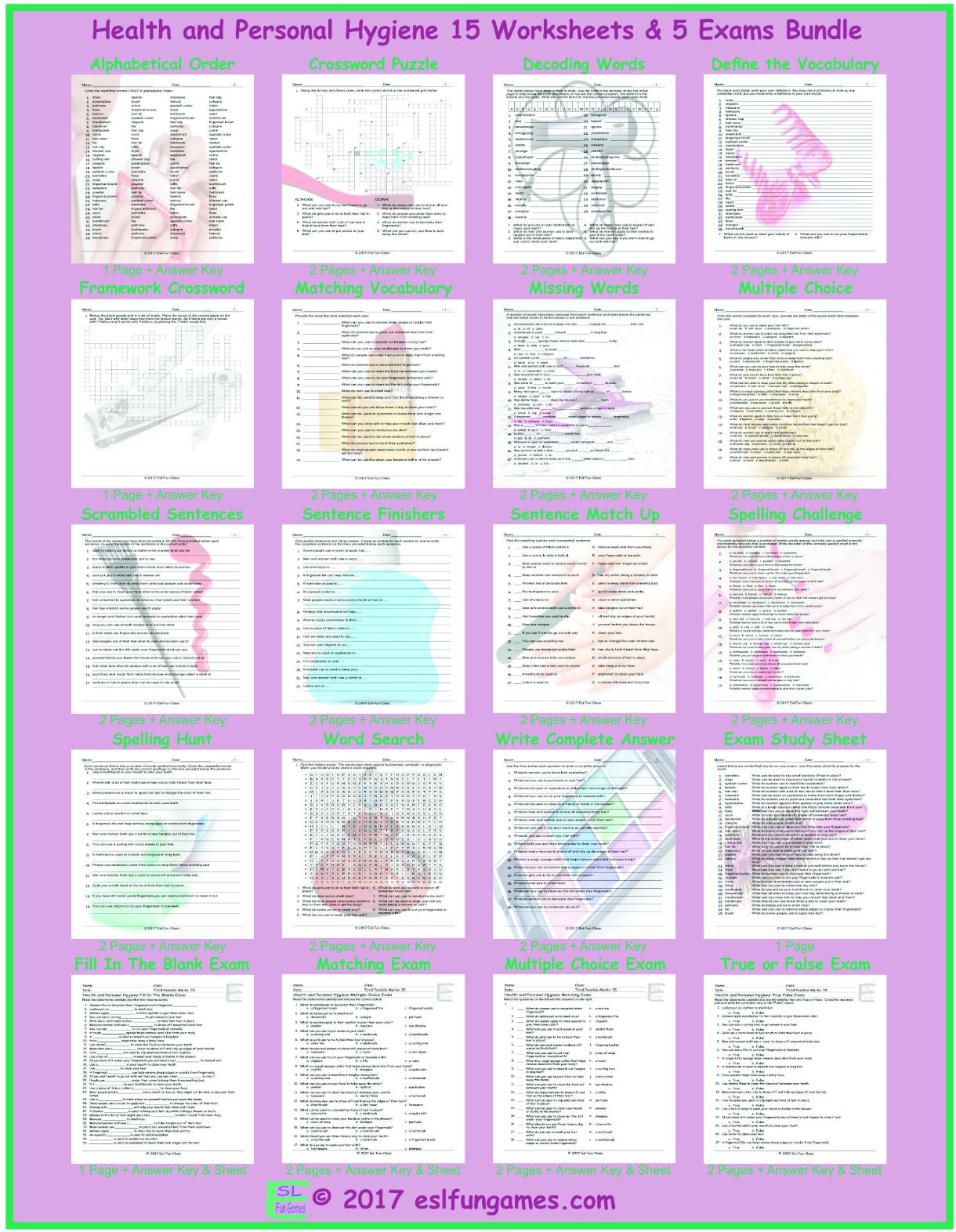 Health and Personal Hygiene 20 Worksheet Bundle