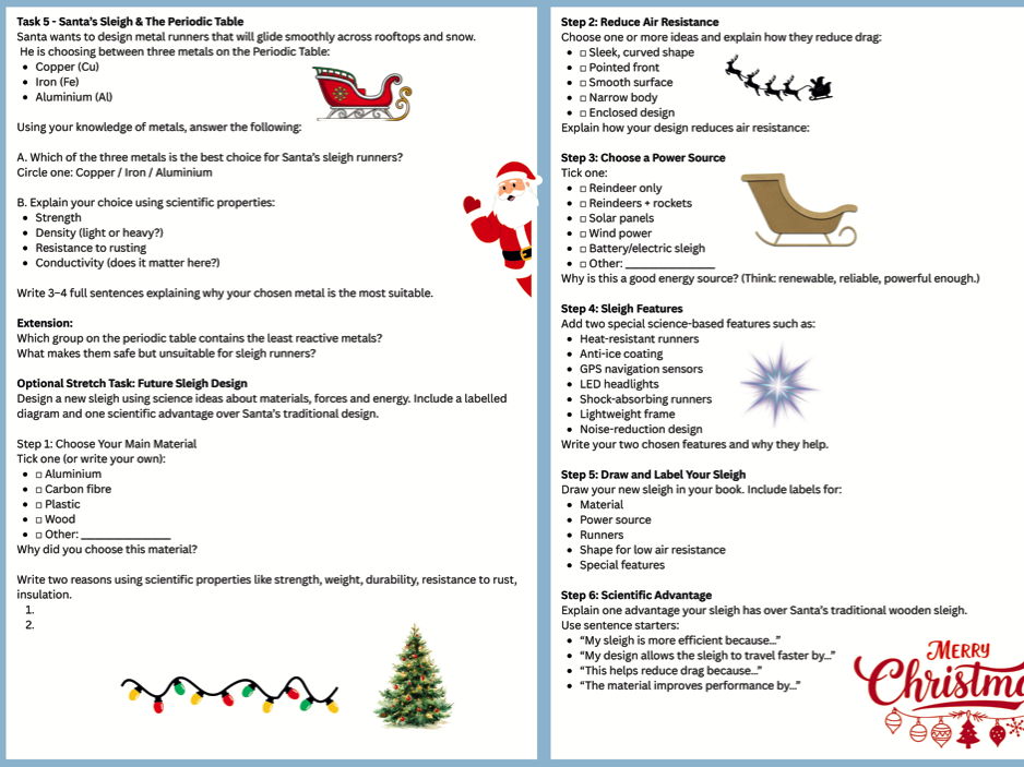 KS3/Christmas Science Challenge Worksheet With Answers/Biology/Chemistry/Physics/