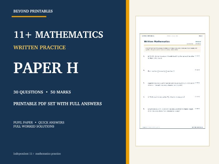 11+ Maths Practice Paper H | Written Test with Worked Solutions