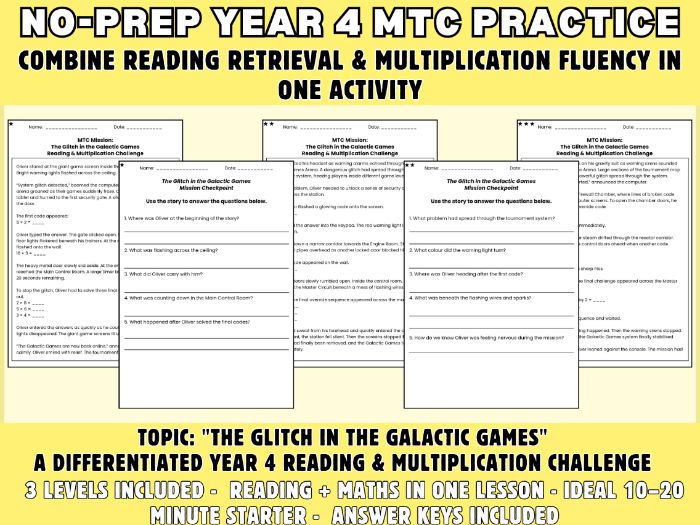 Year 4 MTC & Reading Comprehension: Galactic Games Multiplication Challenge (3 Levels)