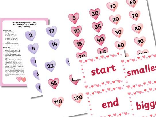 Hearts Skip Counting Number Cards 2s, 5s, 10s