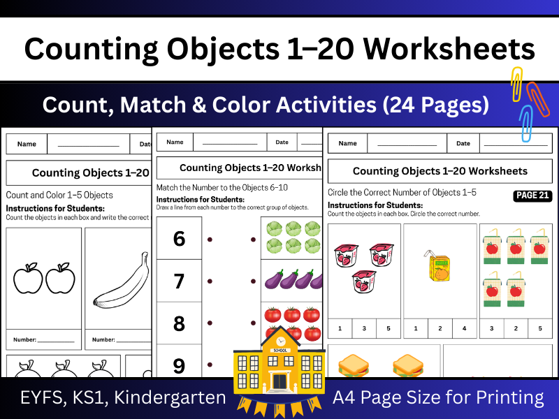 Counting Objects 1–20 Worksheets | Count, Match & Color Activities