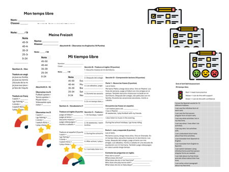 Free time - Hobbies & Timeframes (French, German & Spanish) – Assessment, Mark Scheme & Self Assessment