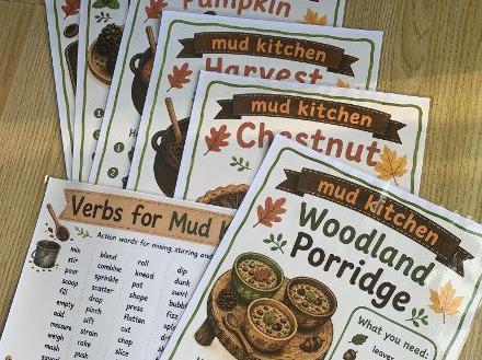 Autumn Mud Kitchen recipe posters oracy mat