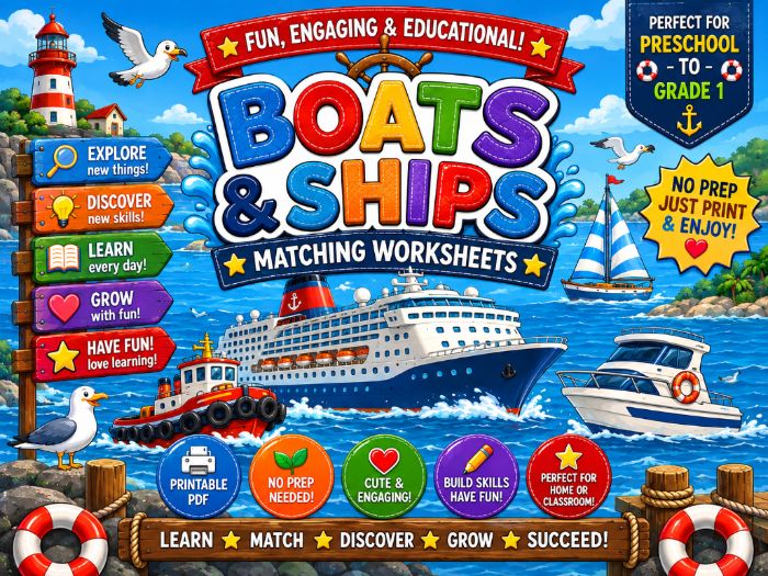 Boats & Ships Matching Worksheets | Transportation Activities Preschool Kindergarten 1st Grade