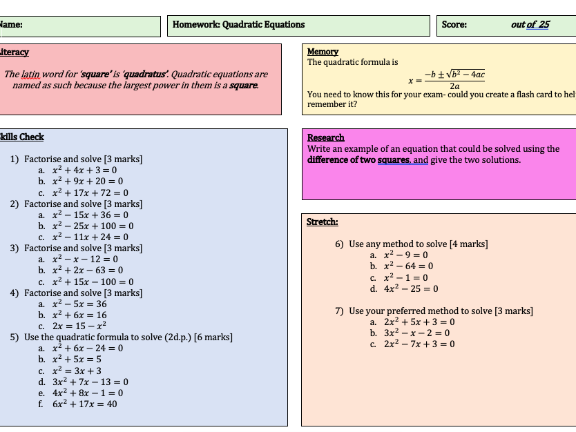 Solving quadratic equations worksheet all methods picture