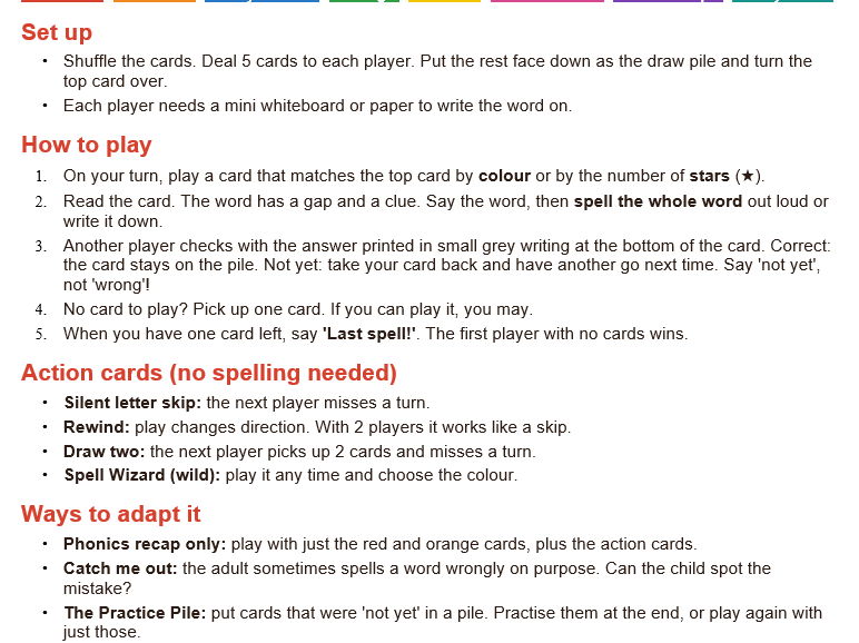 Year 2 'spelling rules' card game