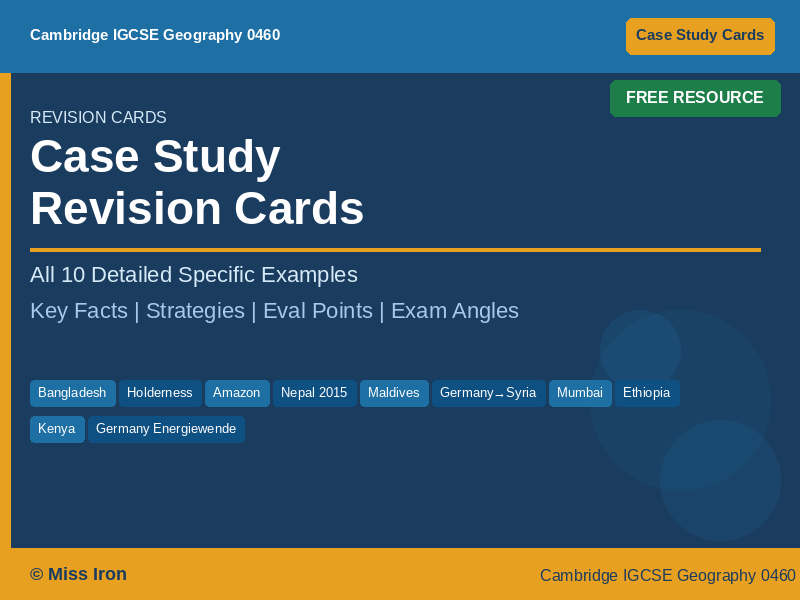Cambridge IGCSE Geography 0460 | Case Study Revision Cards | All 10 Examples | New Spec 2027