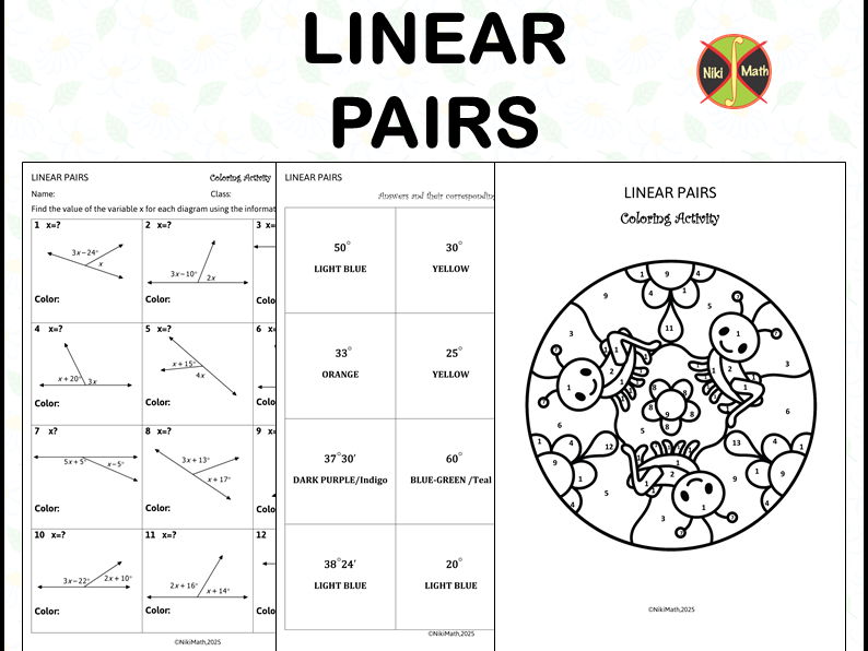 Geometry Grades 7-8: Linear Pairs - Coloring Activity/Color by Code