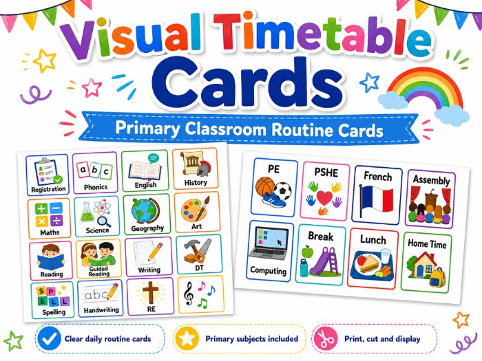 Visual Timetable Cards | Primary Classroom Routine Cards | Printable Display