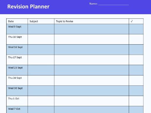 GCSE Revision Planner - Wednesday - Thursday