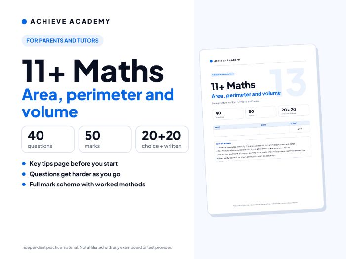 11+ Maths Topic Booklet: Area, perimeter and volume – Year 5/6 Practice with Mark Scheme