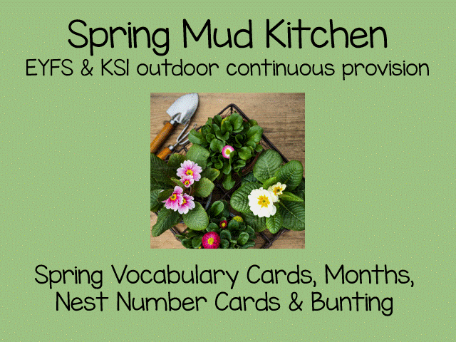 Spring Mud Kitchen Set | EYFS Outdoor Learning Numbers, Vocabulary & Bunting