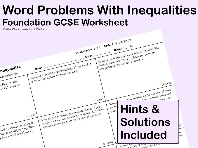 GCSE Maths Worksheet: Word Problems With Inequalities - Foundation Tier