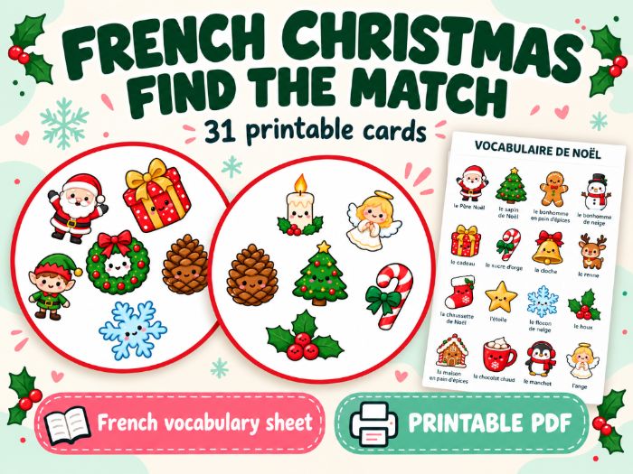 French Christmas Find the Match Game | 31 Cards + Vocabulary Sheet