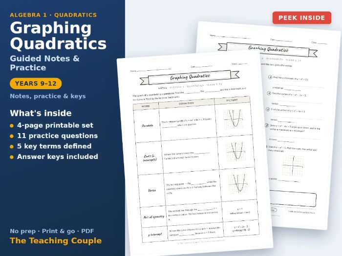 Graphing Quadratics Guided Notes & Practice | Years 9-12