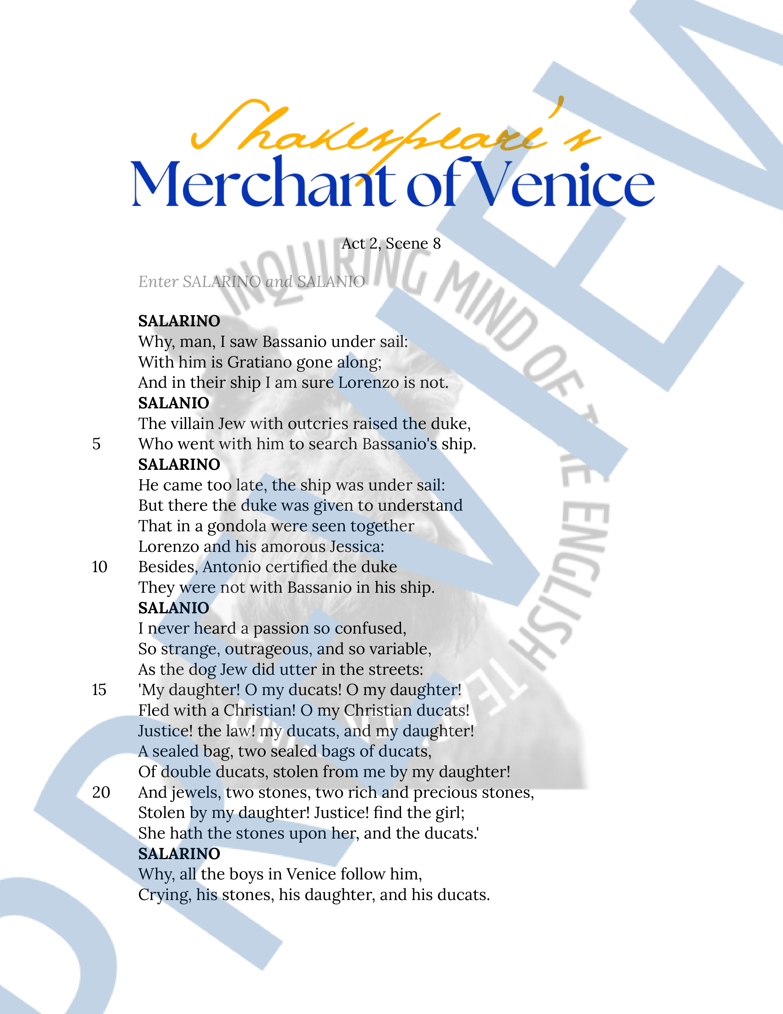 The Merchant of Venice Act 2 Scene 8 Close Reading Analysis Worksheet ...