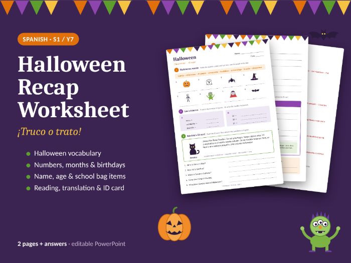 Halloween Spanish Worksheet: Beginners Recap (S1 / Y7): Name, Age, Birthdays, School Bag Items