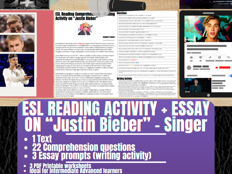 ESL Reading Comprehension + Writing Activity Worksheets - Justin Bieber - Singer