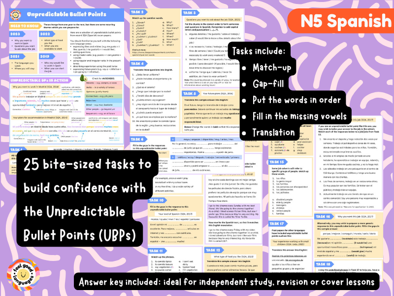 N5 Spanish: Unpredictable Bullet Points Booklet with Answer Key