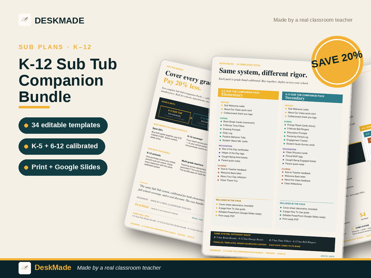 K-12 Sub Tub Companion Pack Bundle | 34 Editable Templates | Save 20%
