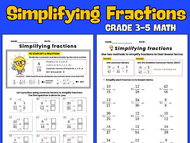 Simplifying Fractions Worksheets | Year 5-6 Maths, KS2 | GCF & Simplest Form