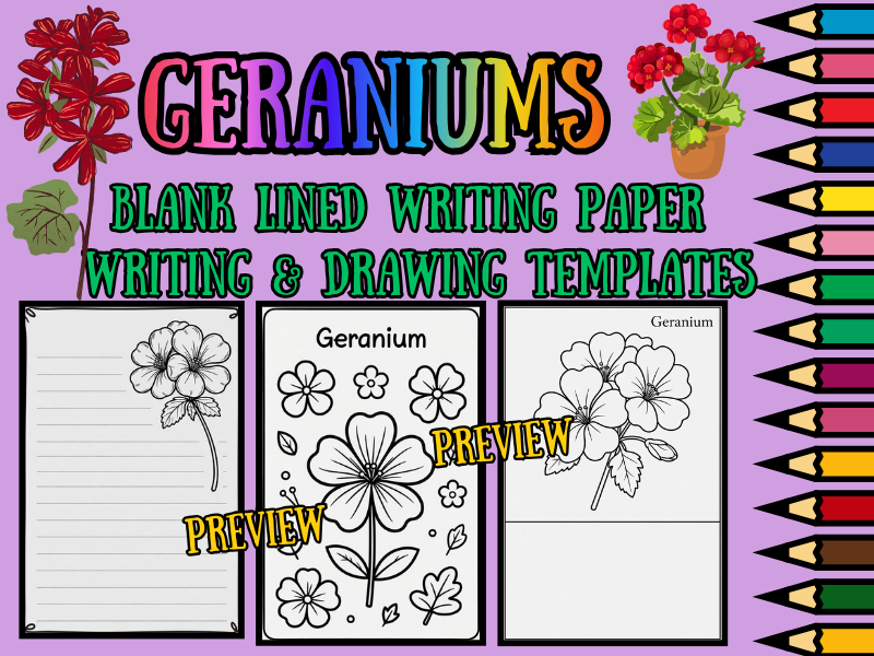 Geranium Flower Coloring Pages & Blank Lined Writing Paper Templates NO PREP