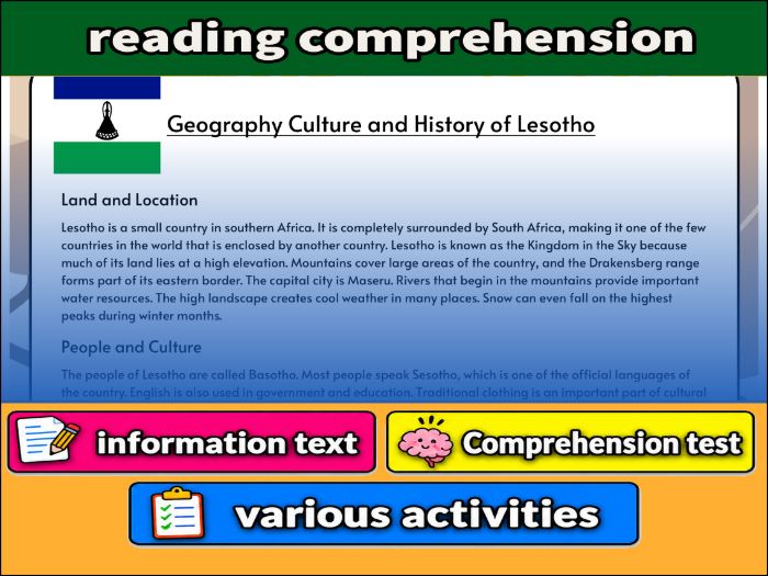 Geography Culture and History of Lesotho- Reading Comprehension, Worksheet & Activities