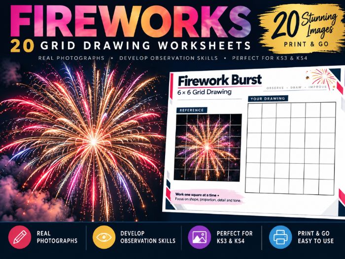 Fireworks Grid Drawing Worksheets | 20 Art Activities | Bonfire Night | KS3 & KS4 | Observation Skil