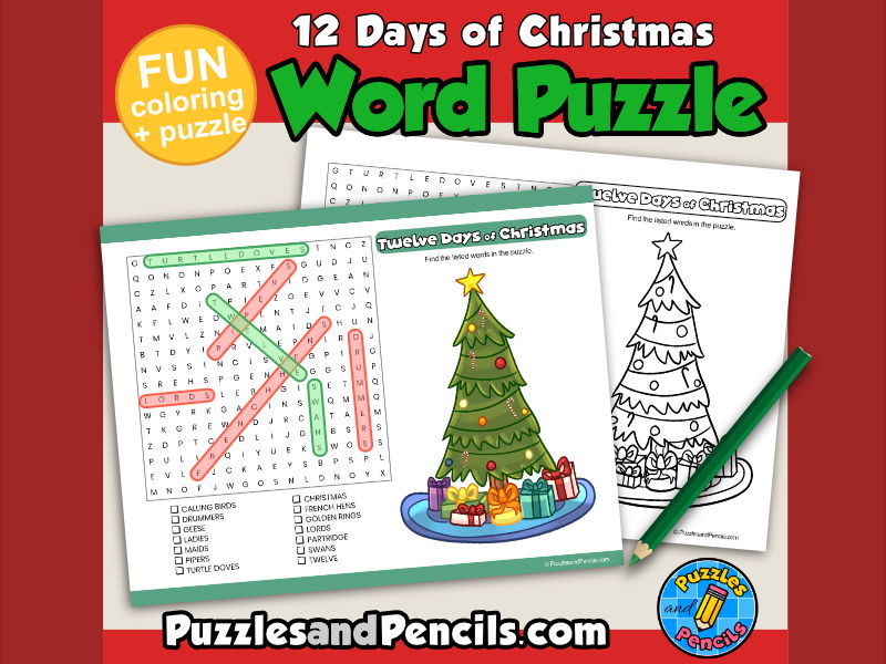 Twelve Days Word Search Puzzle Activity Page Christmas Carols 