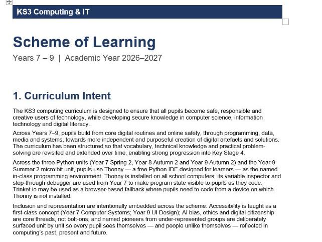 Complete KS3 Computing & IT Scheme of Learning - Years 7-9 - Full 3-Year Curriculum 2026-27