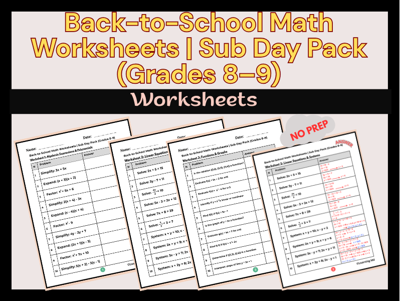 Back-to-School Math Worksheets | Sub Day Pack (Grades 8–9)