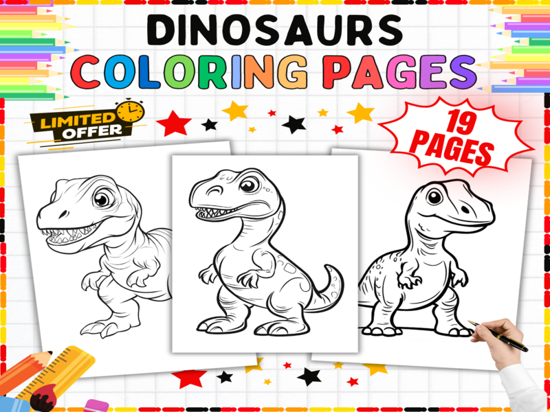 Dinosaurs Coloring Pages | Prehistoric Animals Art Activity Worksheets | Fine Motor Skills Practice