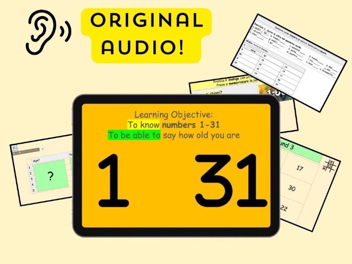 Year 7 Italian numbers 1-31 LESSON 5 with LISTENING and WORKSHEET