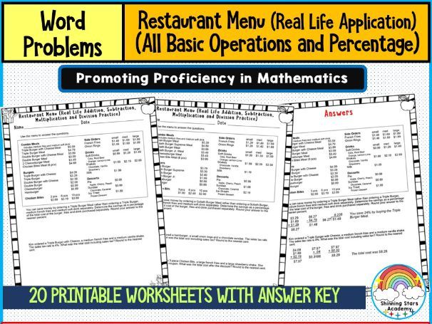 Restaurant Menus Word Problem Math Worksheets | Real-Life Addition, Subtraction, Multiplication & Di